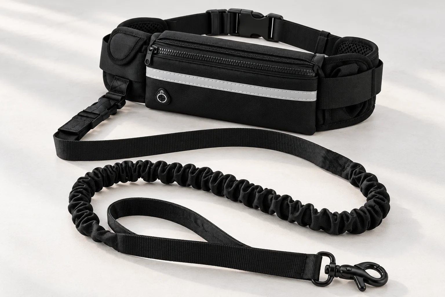 Illustration of the black Hands Free Dog Leash, waist belt and waist bag on a light surface