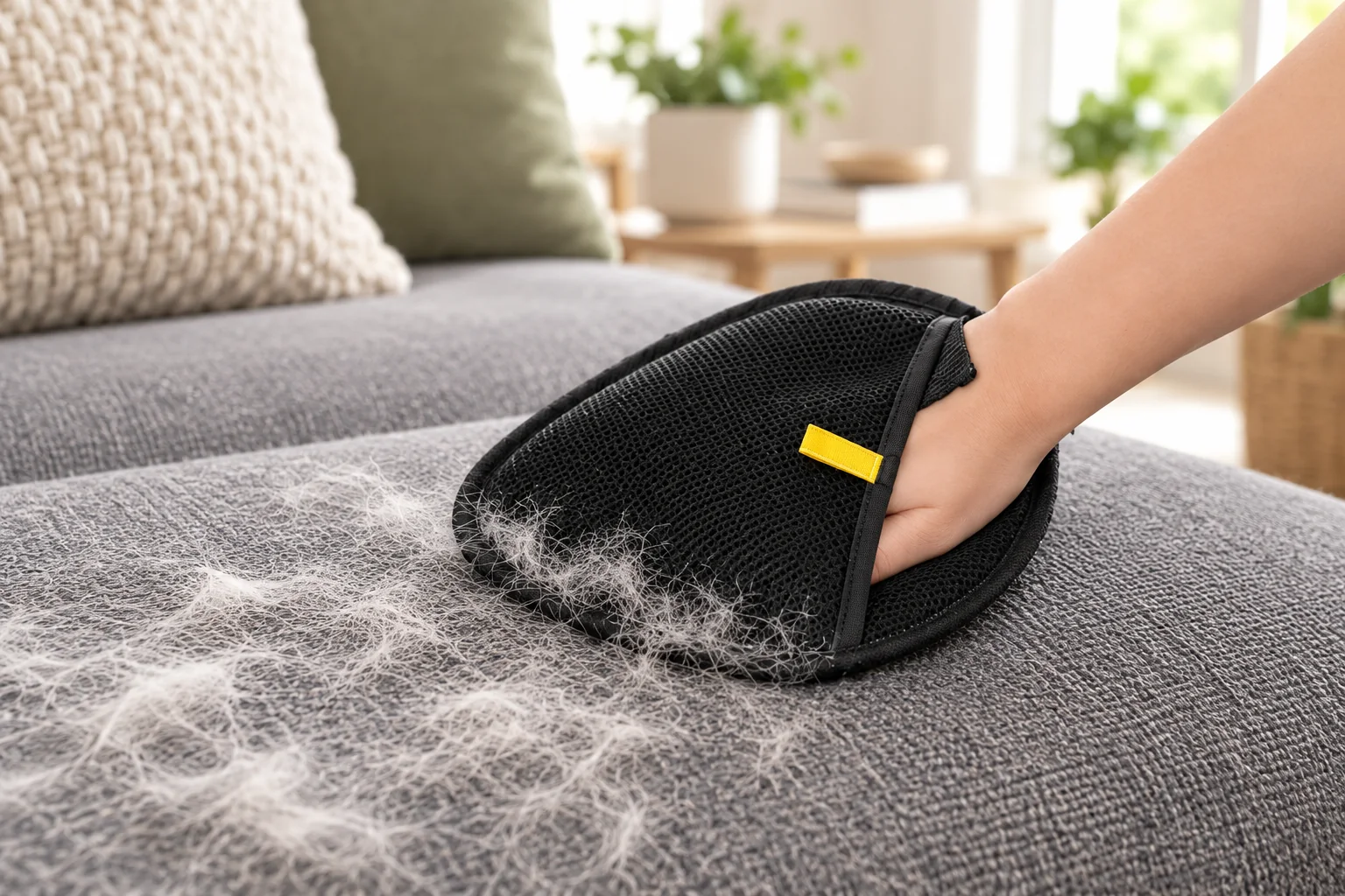 Illustration of the black pet hair removal glove being used on a grey fabric sofa