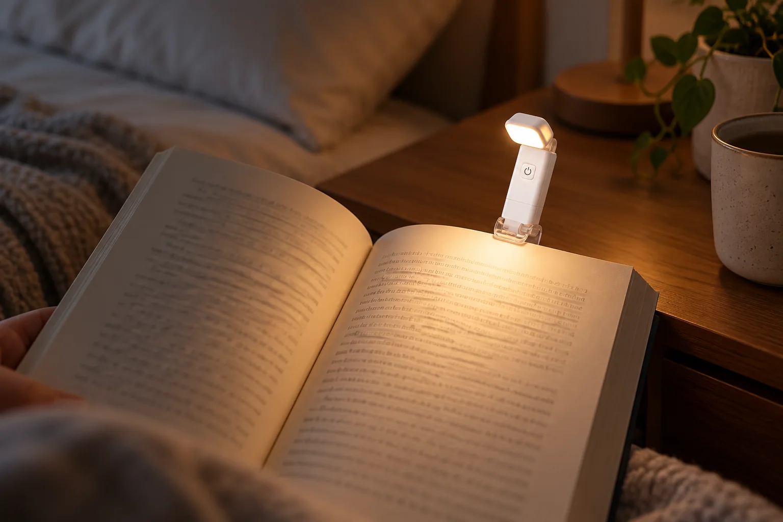 Illustration of the compact white book light clipped to an open book in a warm evening setting
